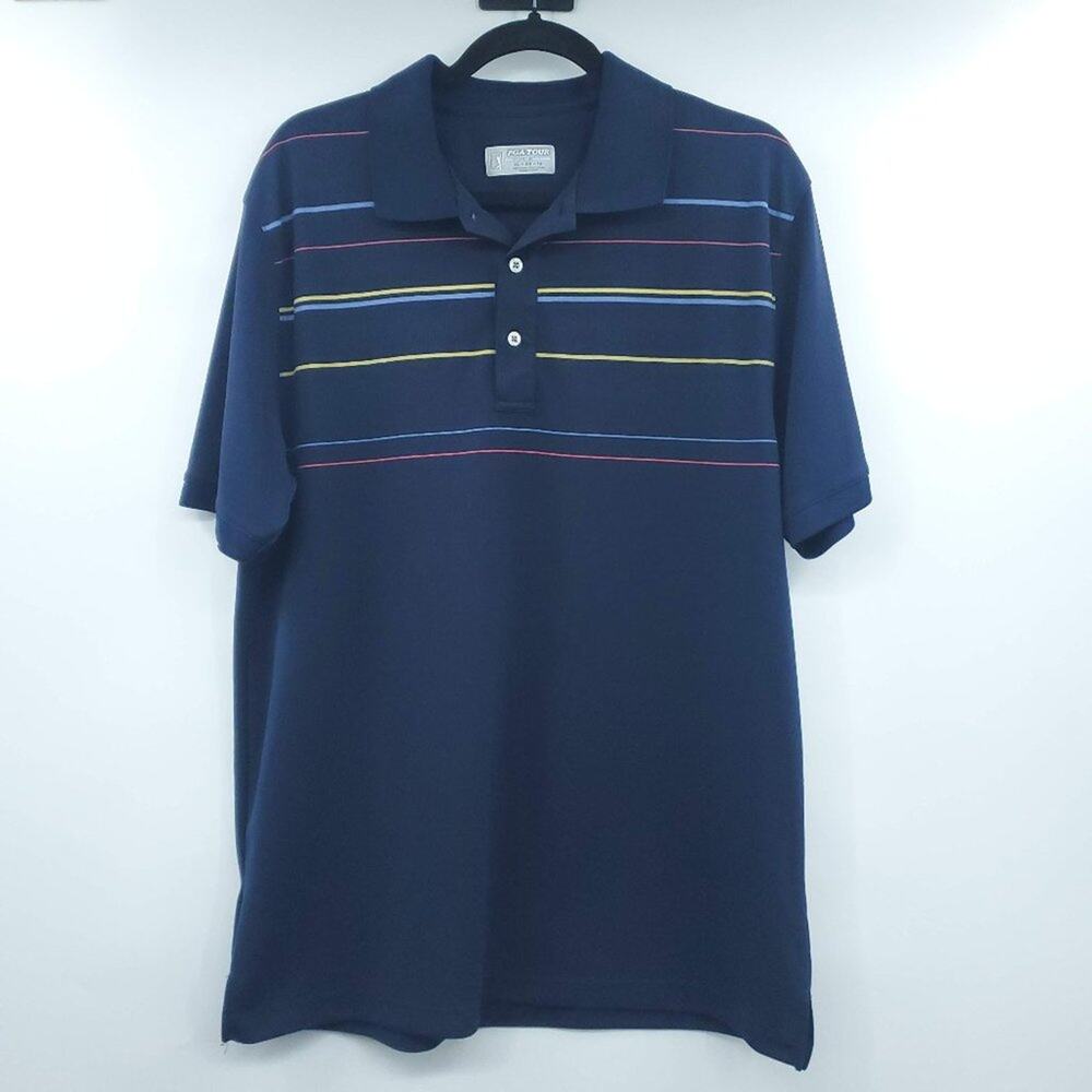 PGA Tour Polo Shirt Mens XL Fitted Collared Blue Striped Golf Short Sleeve